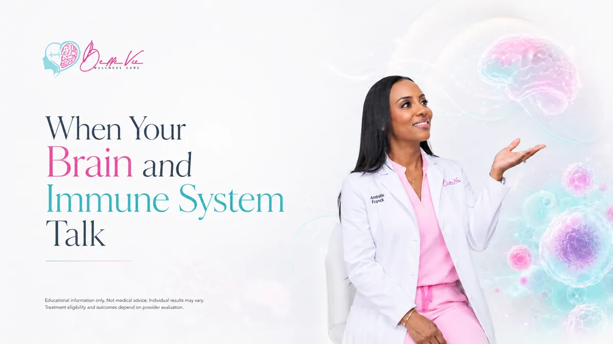 BelleVie Wellness Care ad featuring Dr. Andrelle Franck with brain and immune system graphics representing the mind-body connection
