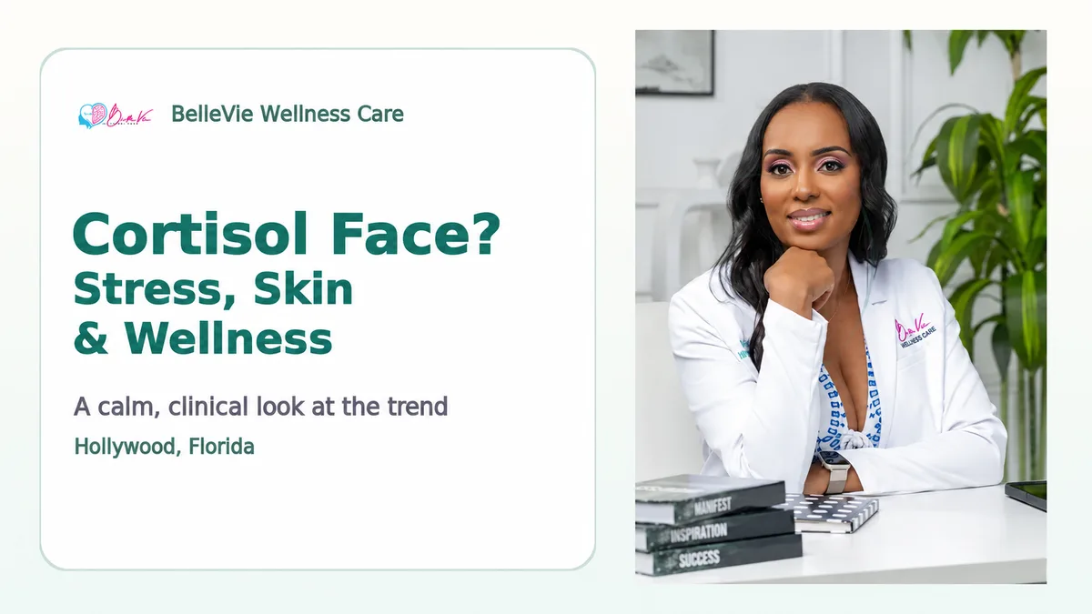 Dr. Andrelle Franck with calm wellness visuals for cortisol, stress, skin, and whole-body health