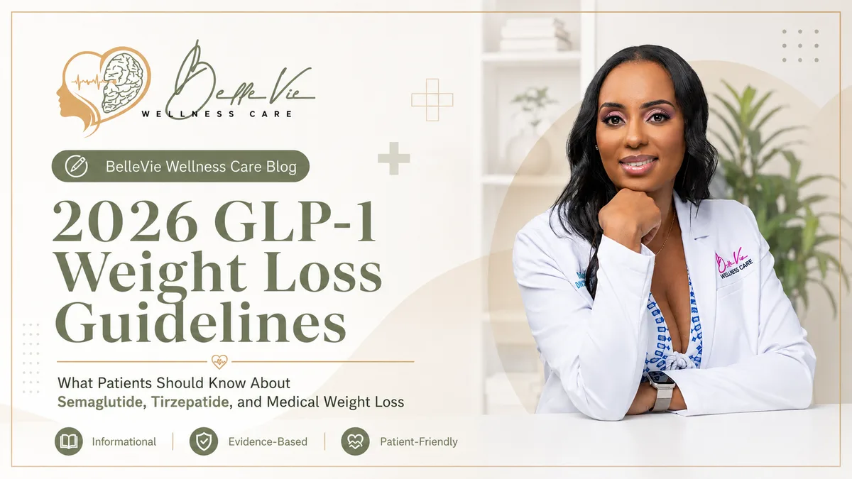 BelleVie Wellness Care 2026 GLP-1 Weight Loss Guidelines blog post featured image with Dr. Andrelle Franck