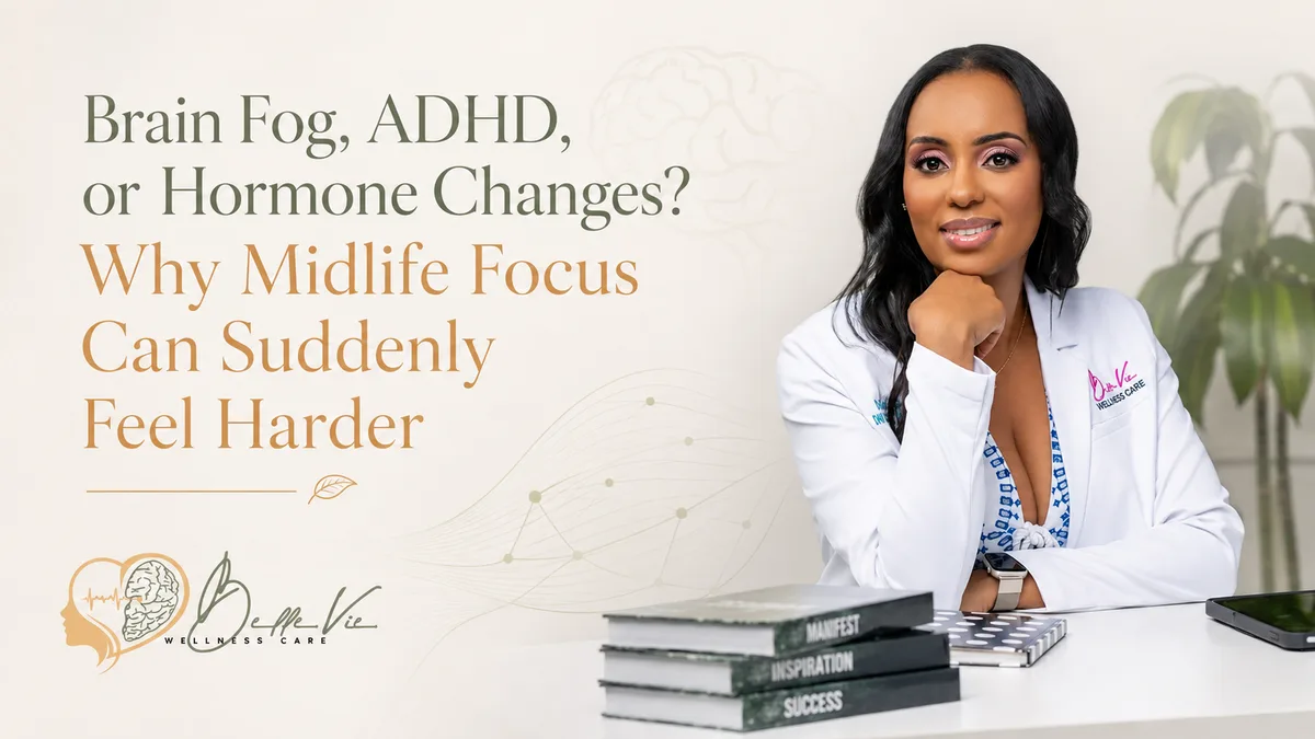 Dr. Andrelle Franck beside the headline Brain Fog, ADHD, or Hormone Changes? Why Midlife Focus Can Suddenly Feel Harder
