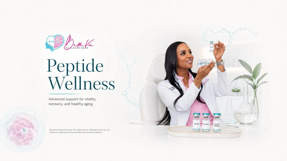 BelleVie Wellness Care Peptide Wellness promotional image with Dr. Andrelle Franck