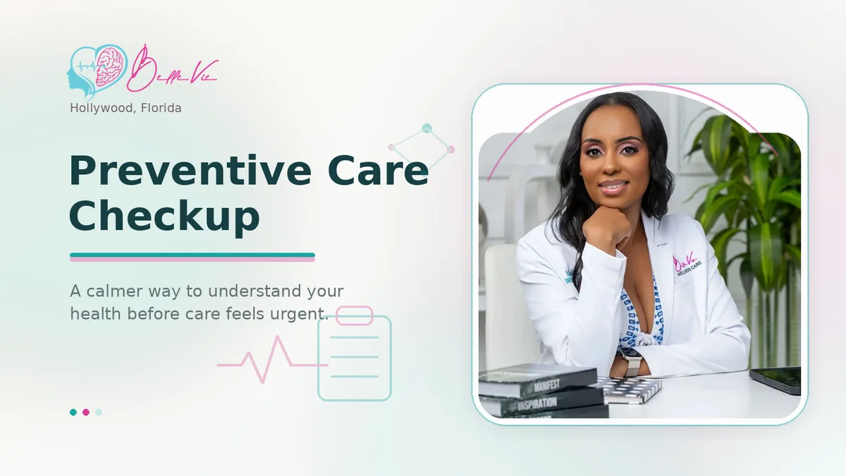 BelleVie Wellness Care preventive care blog hero with Dr. Andrelle Franck, clean editorial title layout, and subtle health education graphics