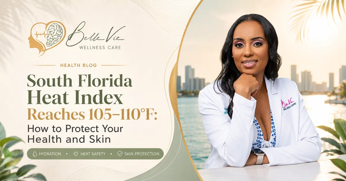 BelleVie Wellness Care South Florida heat safety and summer skin protection blog hero with Dr. Andrelle Franck